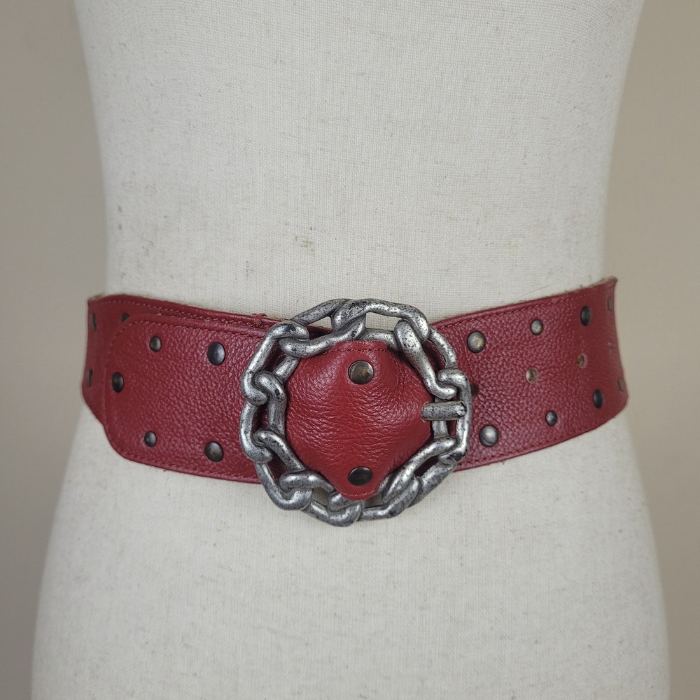 Chicos Belt Small Red Leather Studded Chain Link Buckle Moto Rocker Boho Artisan